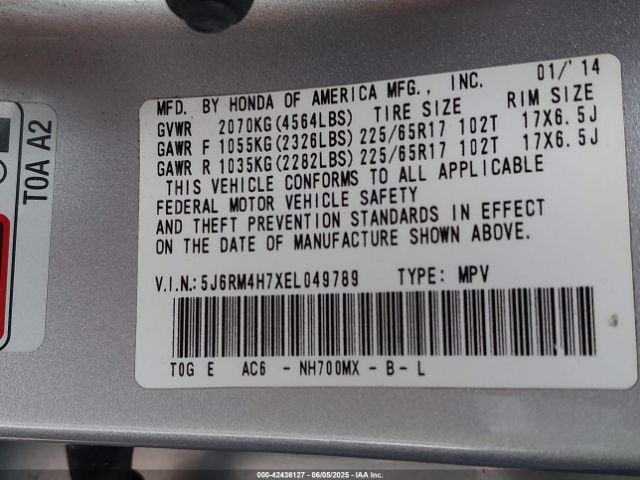 5J6RM4H7XEL049789 Honda k24z7