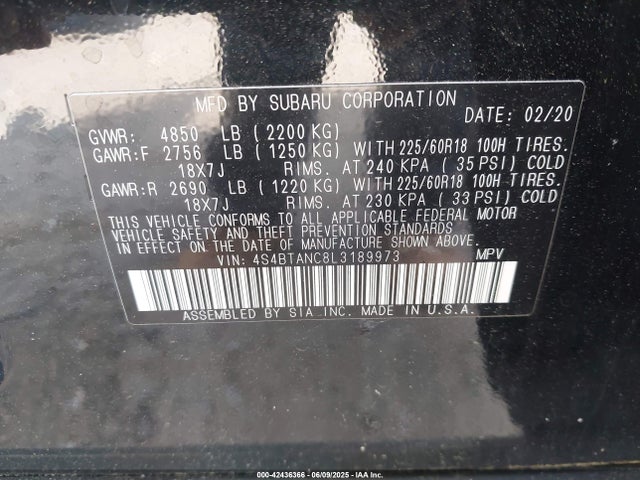 Aukcja sprzedaży 2020 Subaru Outback Limited, vin: 4S4BTANC8L3189973, numer aukcji: 42436366