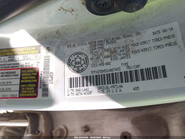 5TFHZ5BN5GX007493 Toyota 2gr-fks