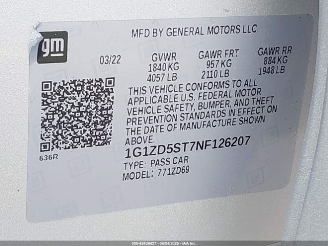 1G1ZD5ST7NF126207 Chevrolet Malibu Fwd Lt