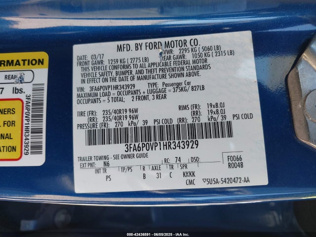 3FA6P0VP1HR343929 Ford Fusion Sport