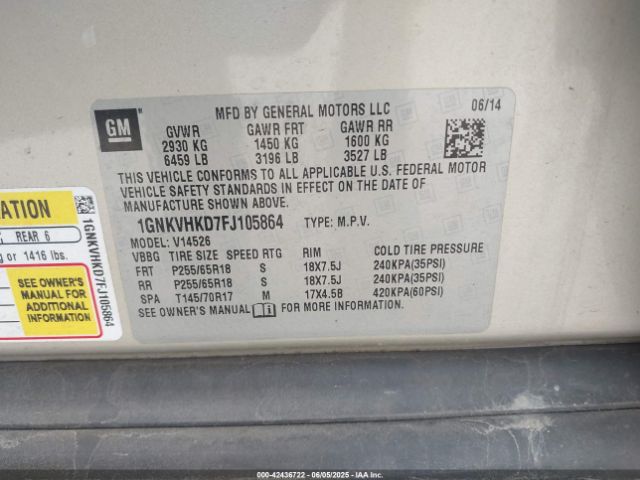 1GNKVHKD7FJ105864 Chevrolet Traverse 2lt