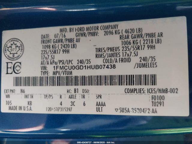 1FMCU0GD1HUB07438 Ford ESCAPE SE