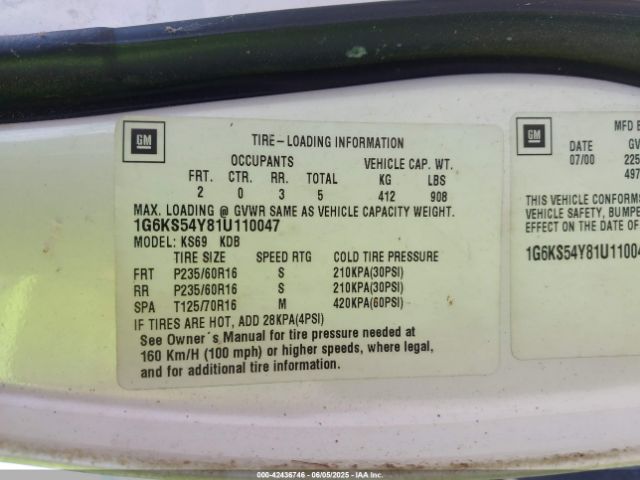 2001 CADILLAC SEVILLE 1G6KS54Y81U110047 Photo 8