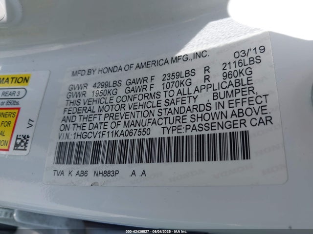 1HGCV1F11KA067550 Honda l15be