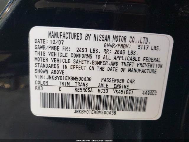 Auction sale of the 2008 Infiniti M45, vin: JNKBY01EX8M500438, lot number: 42437061