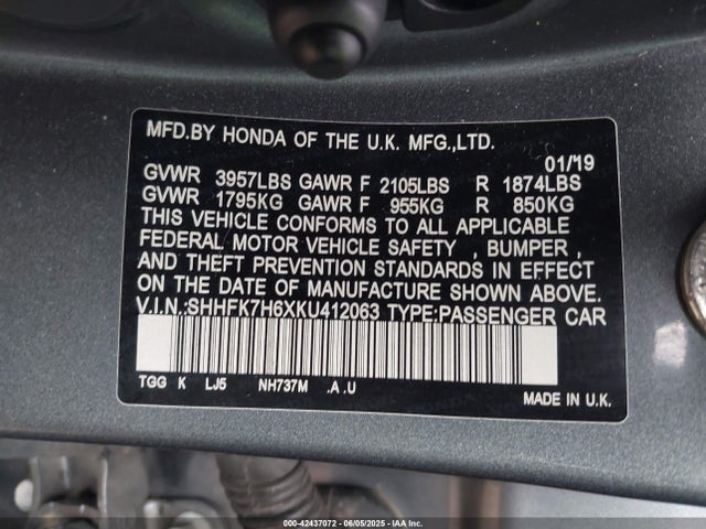 SHHFK7H6XKU412063 Honda l15ba