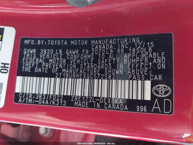 2T1BURHEXGC572582 Toyota Corolla S Plus