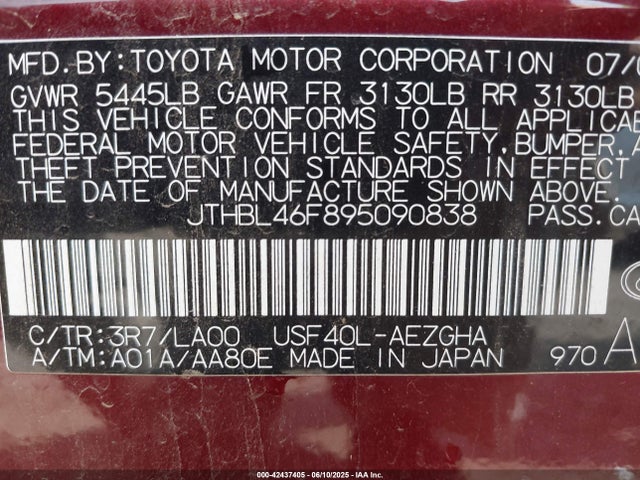Aukcja sprzedaży 2009 Lexus Ls 460, vin: JTHBL46F895090838, numer aukcji: 42437405
