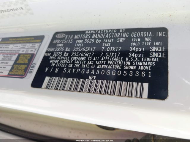 5XYPG4A30GG053361 KIA Sorento 2.4l Lx