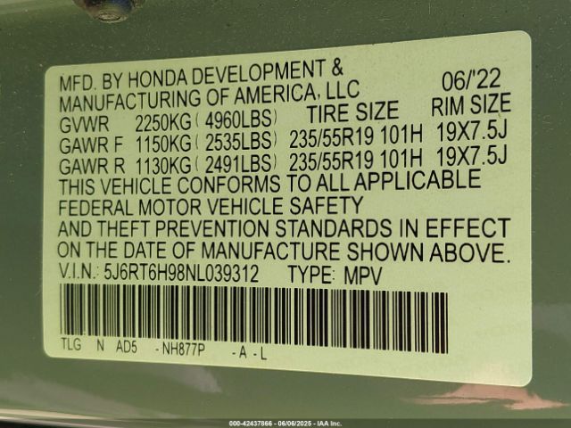 5J6RT6H98NL039312 Honda Cr-v Hybrid Touring