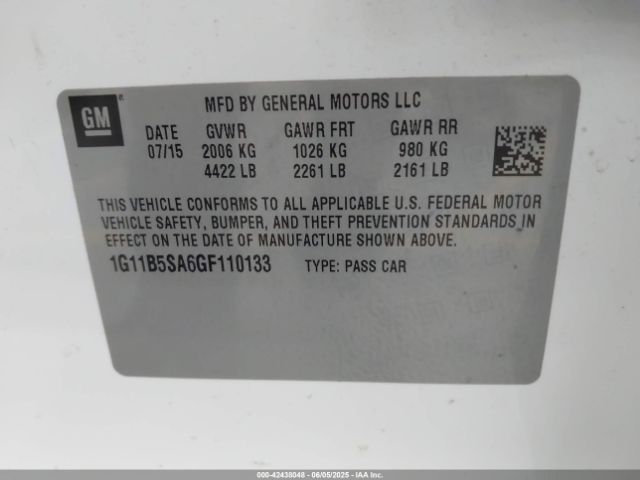1G11B5SA6GF110133 Chevrolet lcv -sidi, dcvcp, vvt, dcvcp, e85 max, e0-e100, aluminum