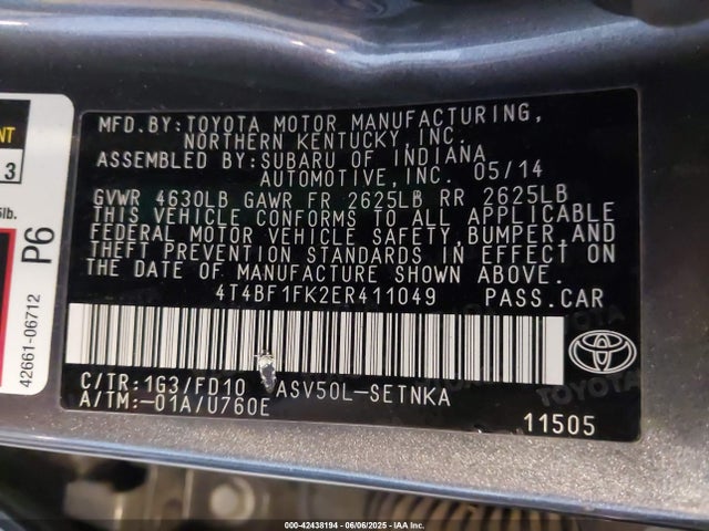 4T4BF1FK2ER411049 Toyota 2ar-fe