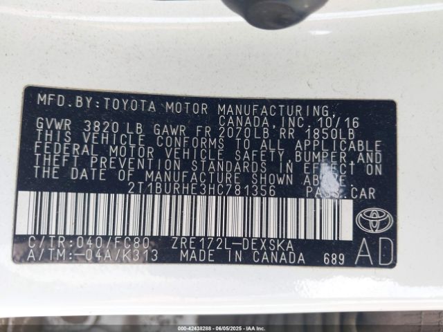 2T1BURHE3HC781356 Toyota COROLLA SE