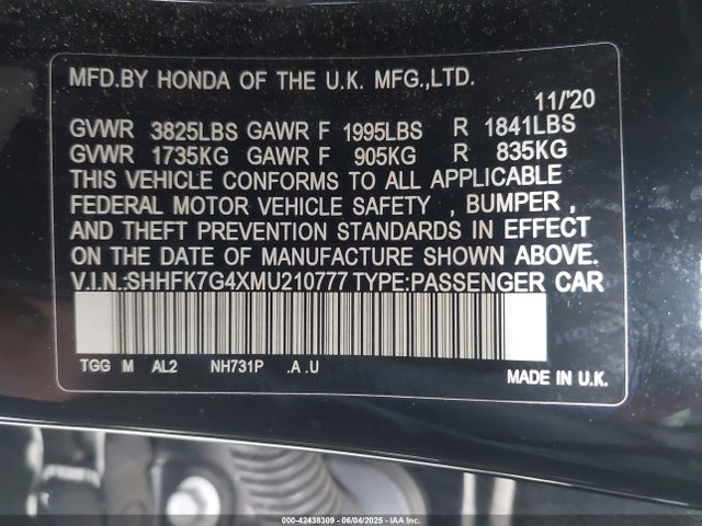 SHHFK7G4XMU210777 Honda l15ba