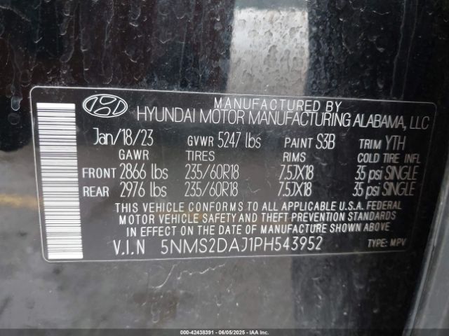 5NMS2DAJ1PH543952 Hyundai Santa Fe Sel