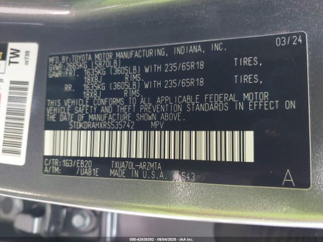 5TDKDRAHXRS535742 Toyota Highlander Xle