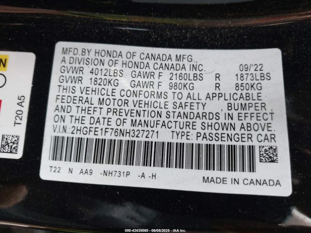 2022 HONDA CIVIC 2HGFE1F76NH327271 Photo 8