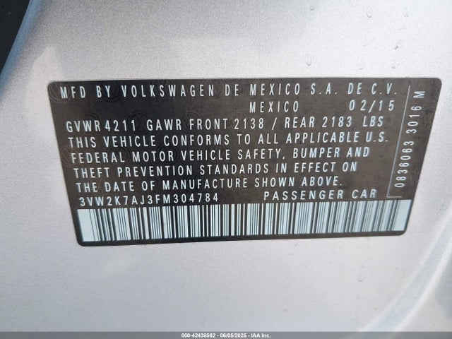 3VW2K7AJ3FM304784 Volkswagen 2015