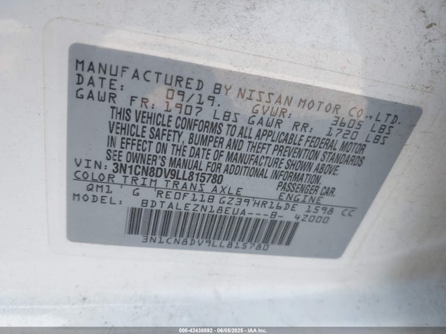Nissan Versa 2020 3N1CN8DV9LL815780 Image 9