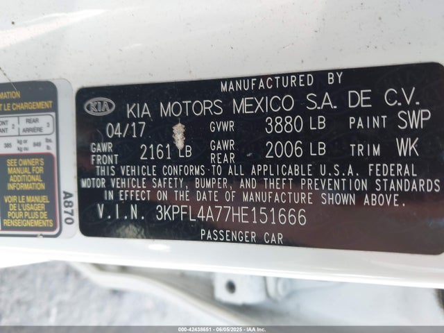 3KPFL4A77HE151666 KIA mpi nu