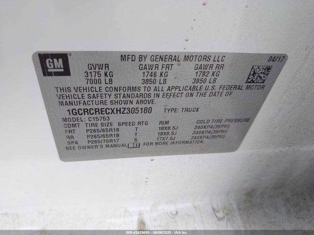 1GCRCRECXHZ305180 Chevrolet l83 - sidi: spark ignited direct injection, vvt: variable valve timing, afm, e85 max, alum