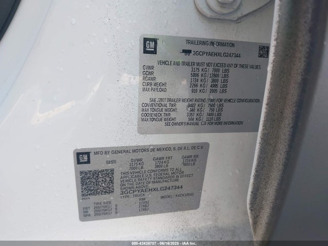 3GCPYAEHXLG247344 Chevrolet lv3 - gen 5, sidi, vvt, ohv, e85 max alum