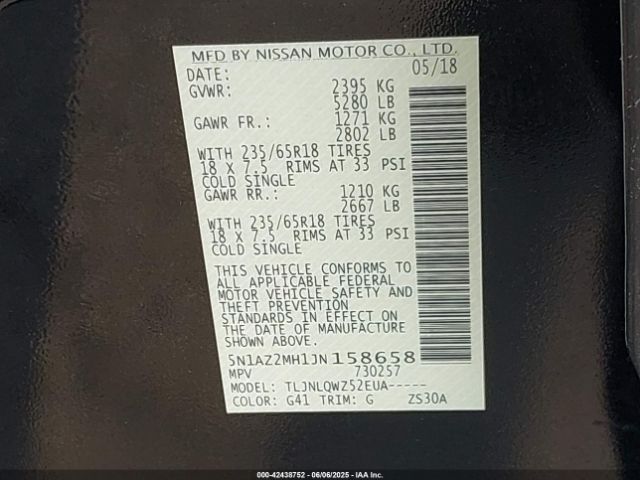 5N1AZ2MH1JN158658 Nissan MURANO SV
