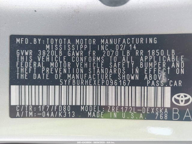 5YFBURHEXEP096167 Toyota Corolla S Plus