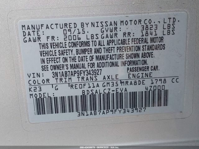 3N1AB7AP9FY343927 Nissan SENTRA S