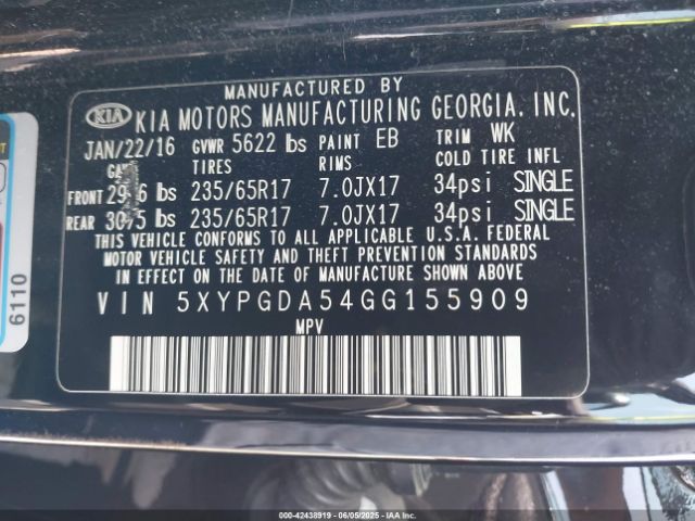 5XYPGDA54GG155909 KIA Sorento 3.3l Lx