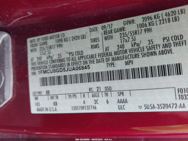 1FMCU0GD5JUA06845 Ford ESCAPE SE