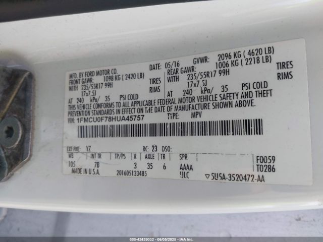 1FMCU0F78HUA45757 Ford ESCAPE S