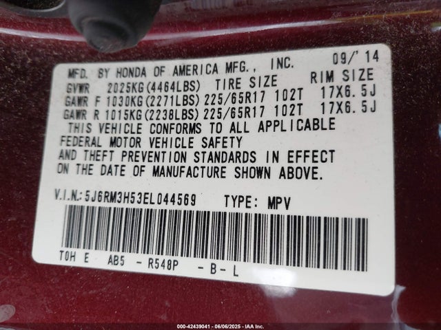 5J6RM3H53EL044569 Honda k24z7