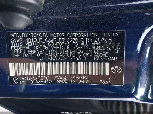 JTDKN3DU7E1776314 Toyota 2zr-fxe+3jm