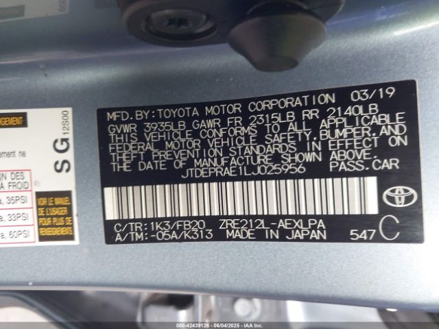 JTDEPRAE1LJ025956 Toyota COROLLA LE