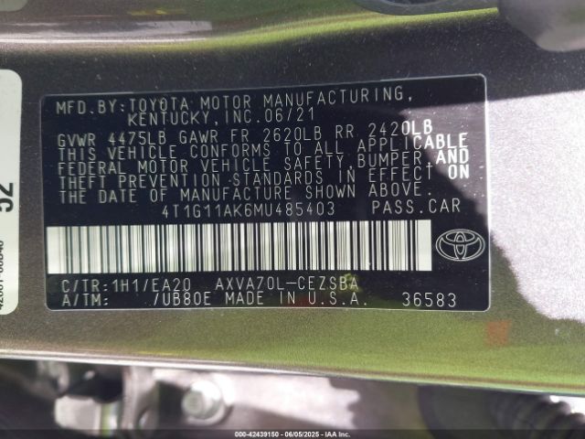 2021 TOYOTA CAMRY 4T1G11AK6MU485403 Photo 8