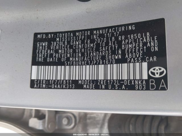 2018 TOYOTA COROLLA 5YFBURHE1JP781670 Photo 8