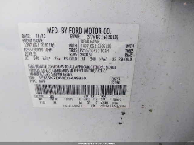 1FM5K7D88EGA99959 Ford EXPLORER XLT