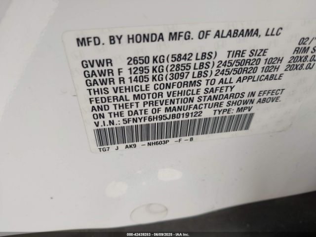 5FNYF6H95JB019122 Honda j35y6