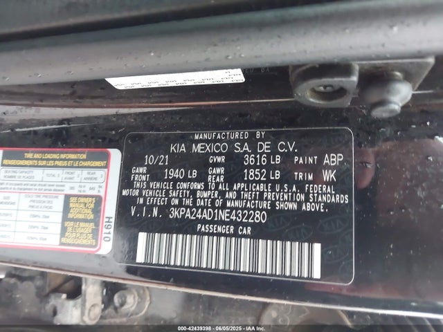 3KPA24AD1NE432280 KIA mpi gamma ii