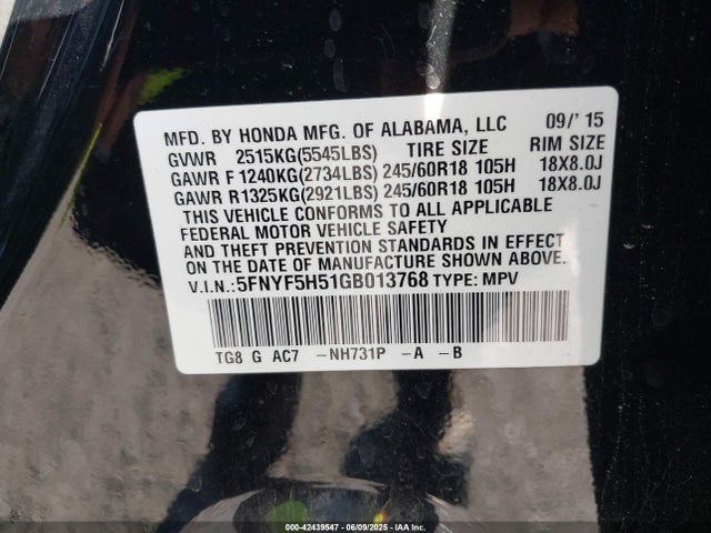 5FNYF5H51GB013768 Honda Pilot Ex-l