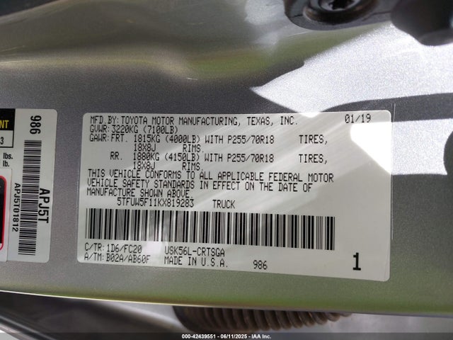 5TFUW5F11KX819283 Toyota 3ur-fbe