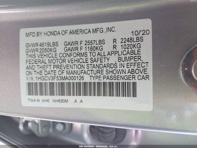 1HGCV3F53MA000126 Honda Accord Hybrid Ex-l