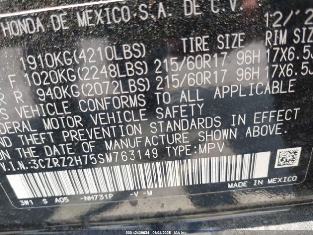 3CZRZ2H75SM763149 Honda Hr-v Awd Ex-l