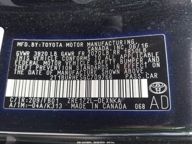 2T1BURHE5GC709766 Toyota 2zr-fe