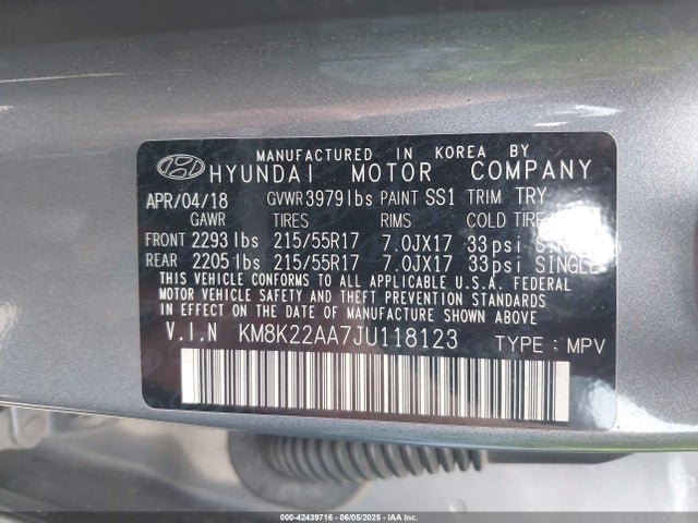 KM8K22AA7JU118123 Hyundai mpi nu