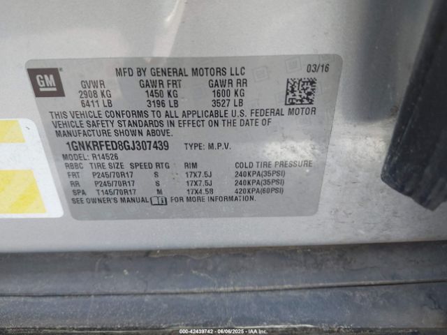 1GNKRFED8GJ307439 Chevrolet llt - sidi, alum, 60 degrees
