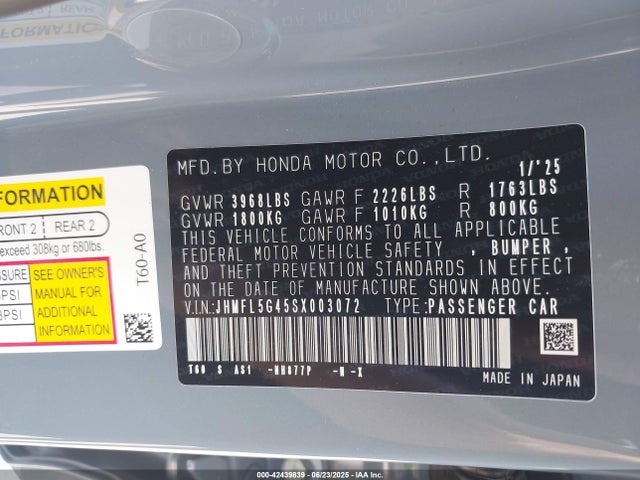 JHMFL5G45SX003072 Honda k20c1