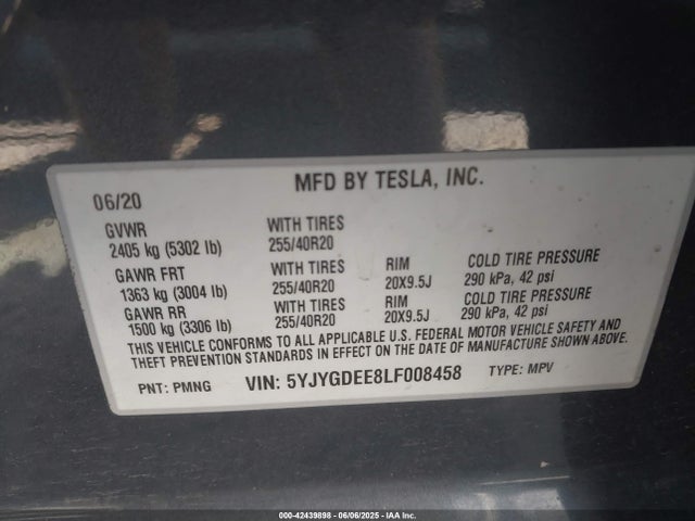 2020 TESLA MODEL Y 5YJYGDEE8LF008458 Photo 8